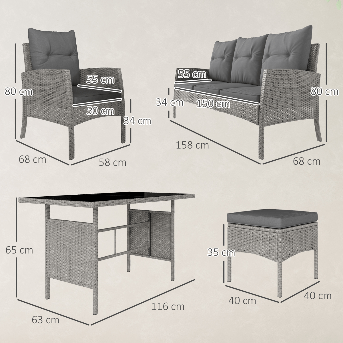 Outsunny 6 Pieces Rattan Garden Furniture Sofa Set, Grey Outsunny 6 Pieces Rattan Garden Furniture Sofa Set, Grey - Image 5