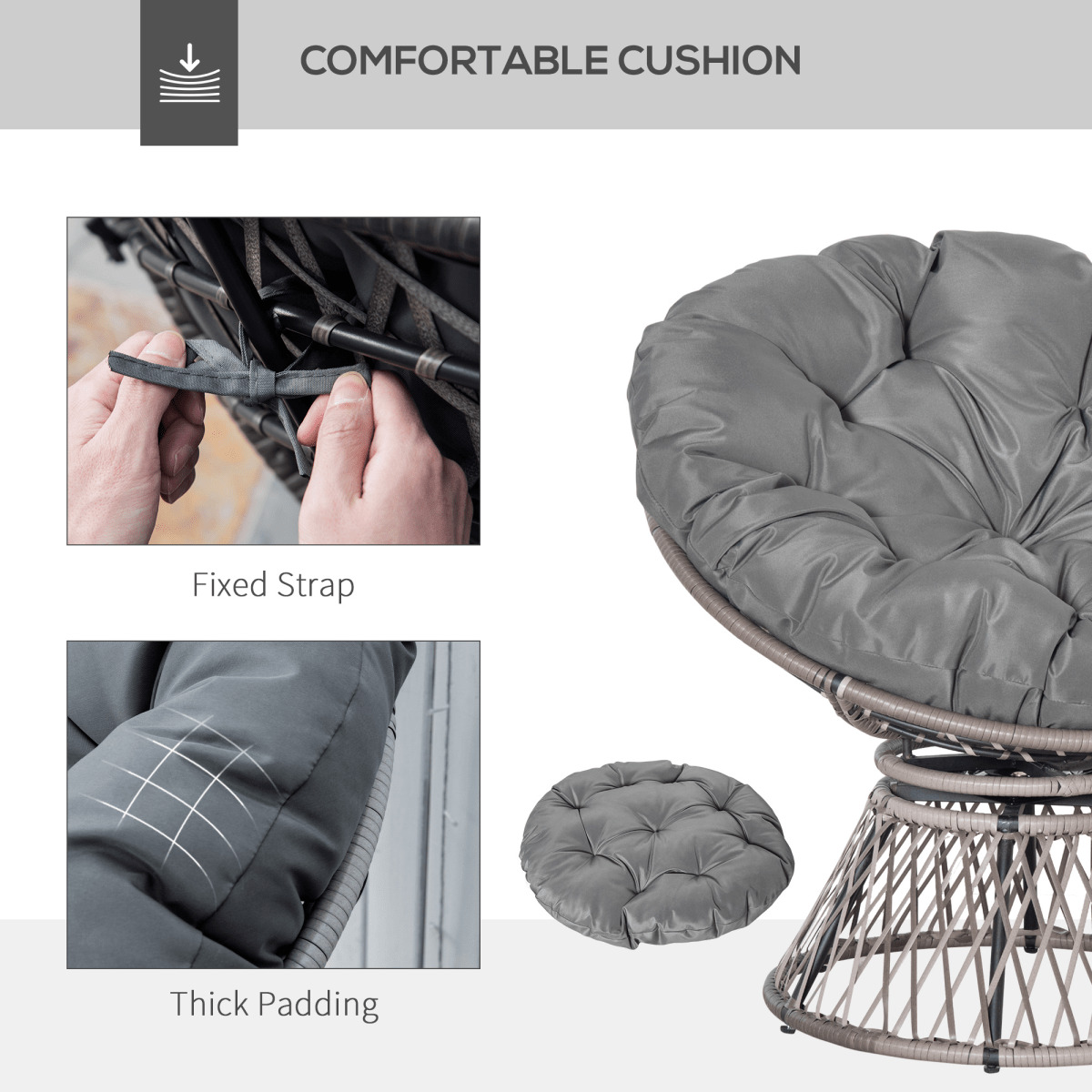 360??Swivel Rattan Papasan Moon Bowl Chair Round Outdoor Padded-Grey Outsunny 360??Swivel Rattan Papasan Moon Bowl Chair Round Outdoor Padded-Grey Outsunny - Image 5