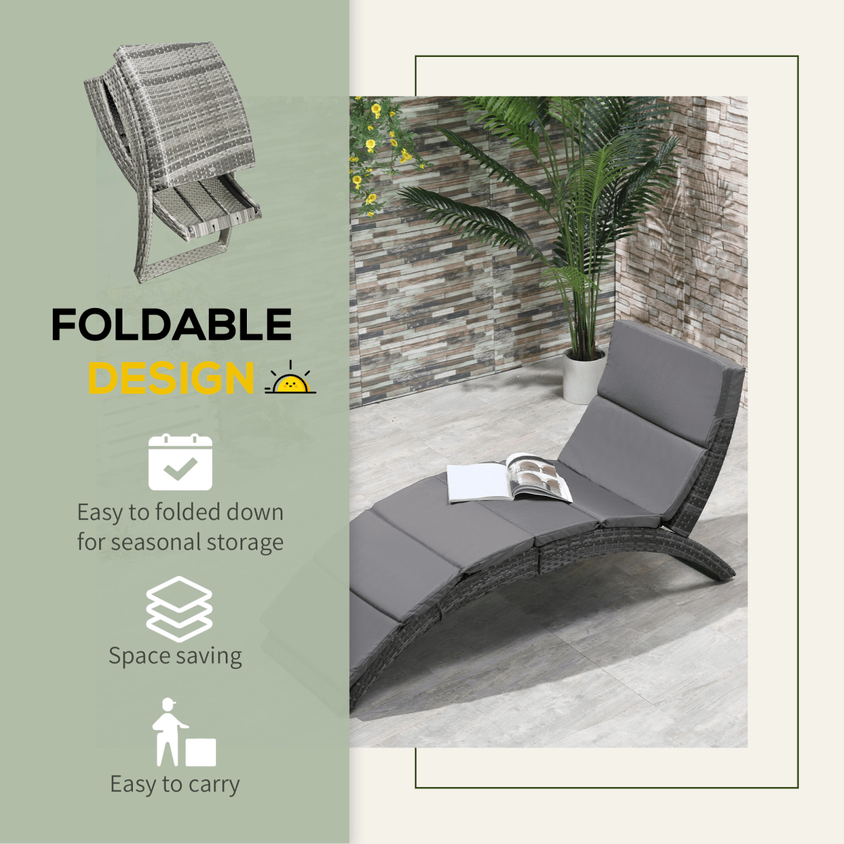 Garden Patio Rattan Wicker Folding Sun Lounger Cushion Grey Garden Patio Rattan Wicker Folding Sun Lounger Cushion Grey - Image 6