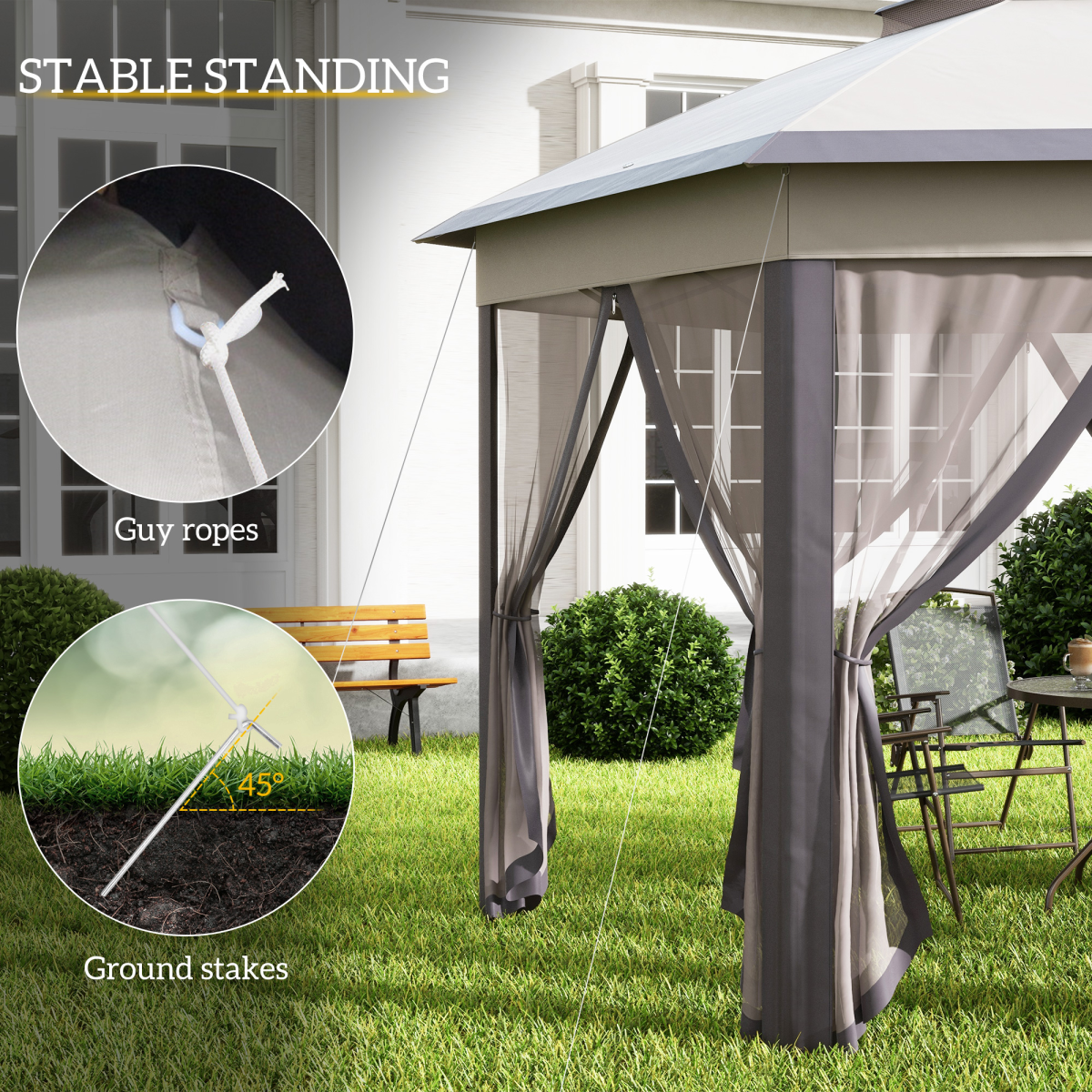 4.05m x 4.05m Metal Frame Mesh Draped 2-Tier Roof Gazebo Brown 4.05m x 4.05m Metal Frame Mesh Draped 2-Tier Roof Gazebo Brown - Image 6