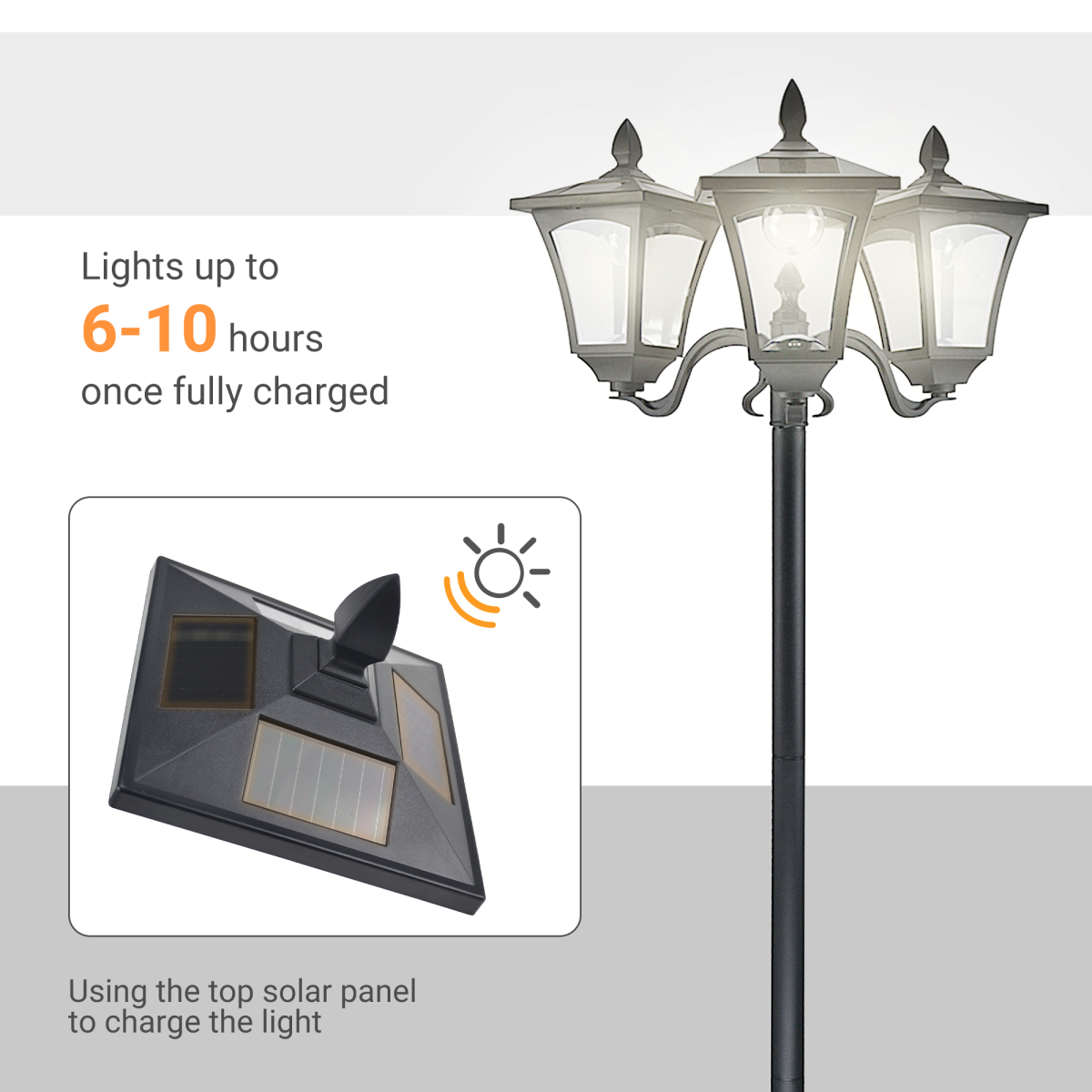 3-Solar Powered Lamp Post, IP44, 51.5Lx47Wx182.5H cm-Black 3-Solar Powered Lamp Post, IP44, 51.5Lx47Wx182.5H cm-Black - Image 6
