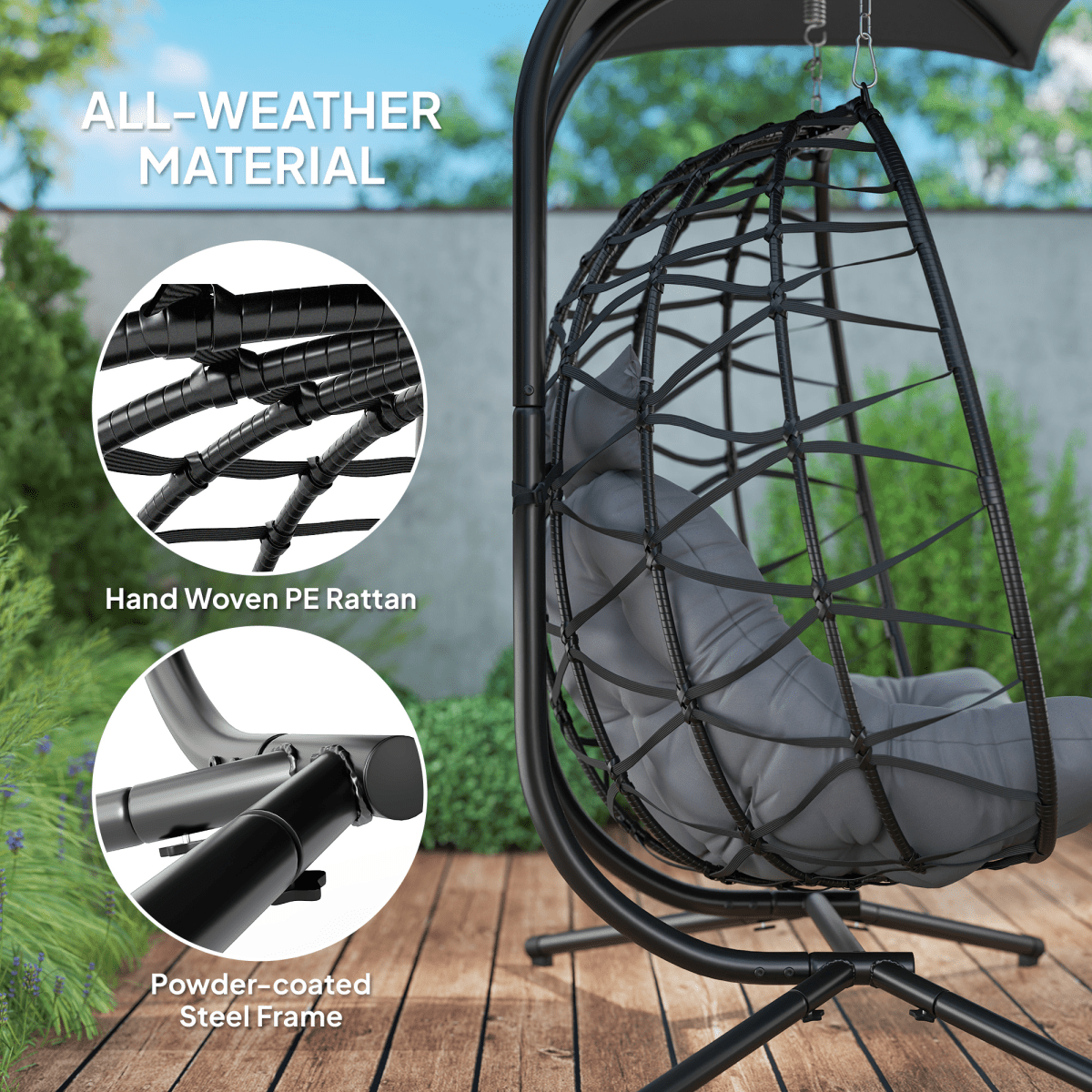 Double Rattan Hanging Egg Chair with Canopy and Cushion, Black Double Rattan Hanging Egg Chair with Canopy and Cushion, Black - Image 7