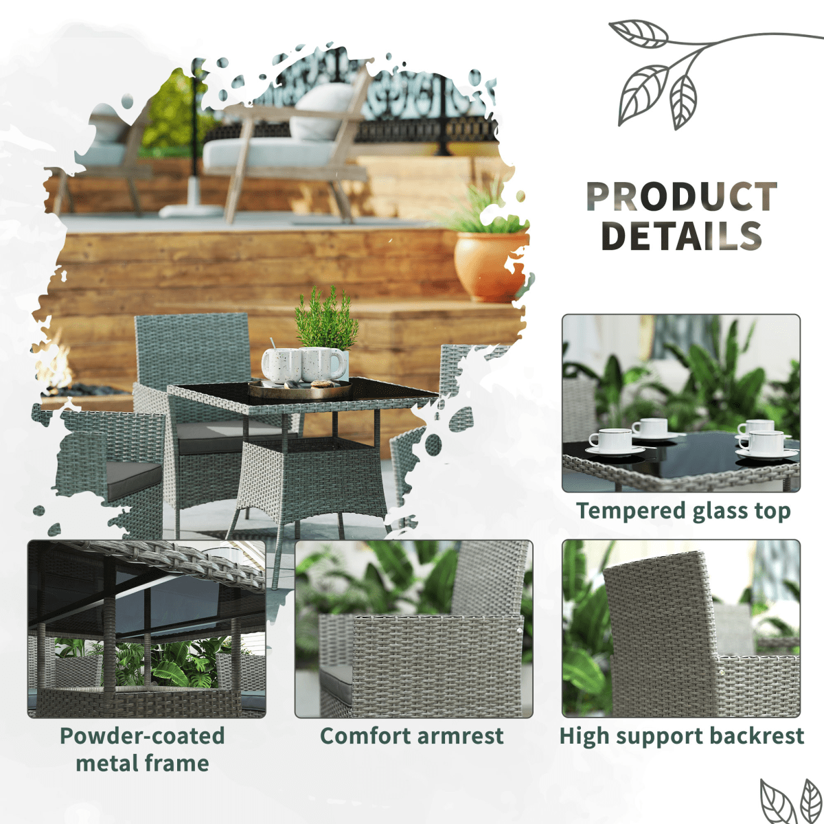 Outsunny Rattan Outdoor Dining Table and Chairs for 4, Light Grey Outsunny Rattan Outdoor Dining Table and Chairs for 4, Light Grey - Image 6