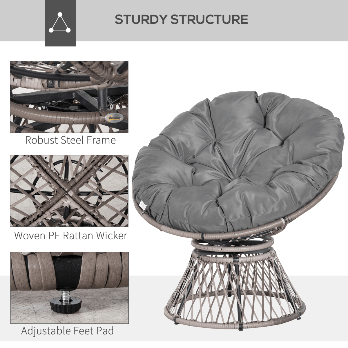 360??Swivel Rattan Papasan Moon Bowl Chair Round Outdoor Padded-Grey Outsunny 360??Swivel Rattan Papasan Moon Bowl Chair Round Outdoor Padded-Grey Outsunny - Image 6