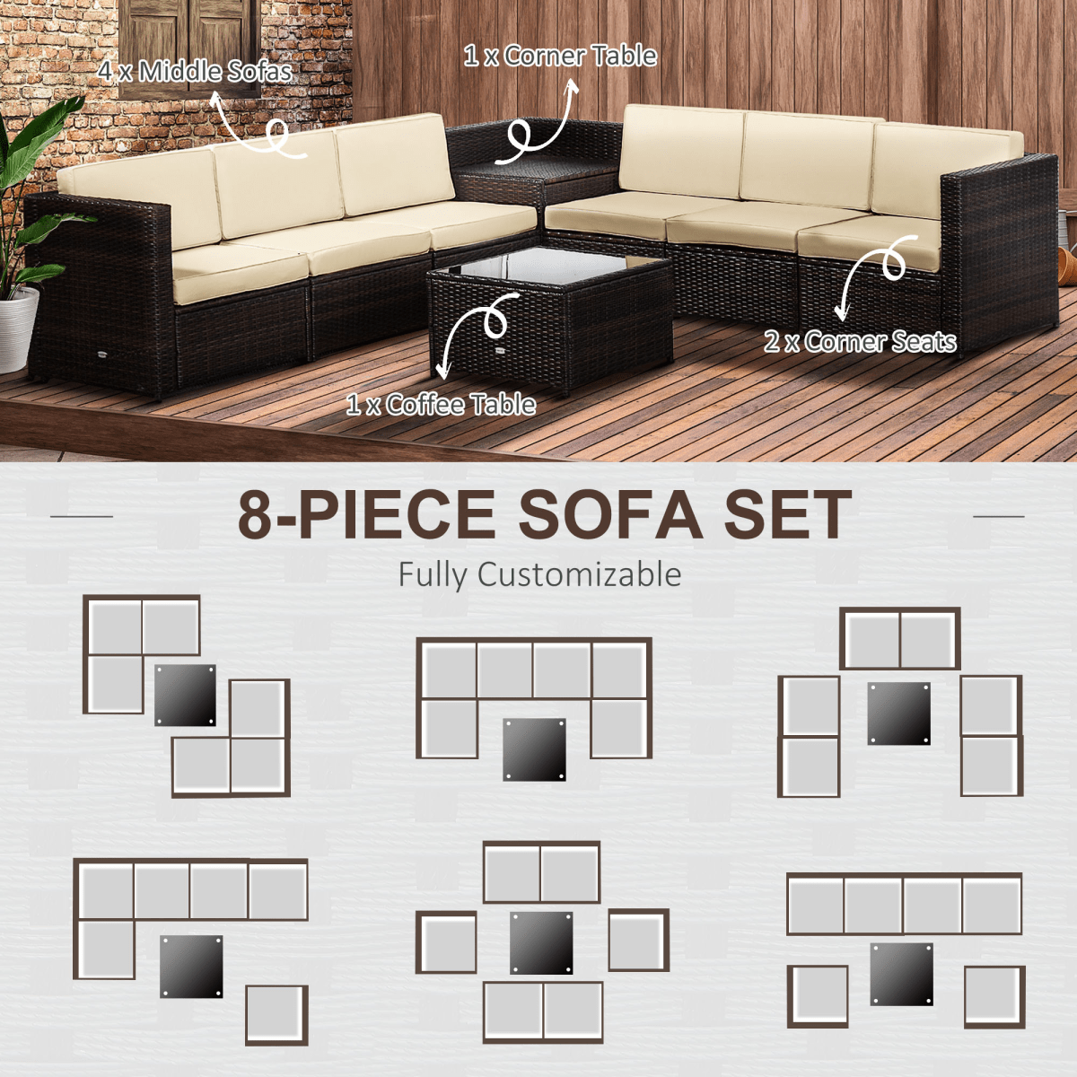 Outsunny 6-Seater Rattan Sofa Furniture Set W/Cushions, Steel Frame-Brown Outsunny 6-Seater Rattan Sofa Furniture Set W/Cushions, Steel Frame-Brown - Image 6