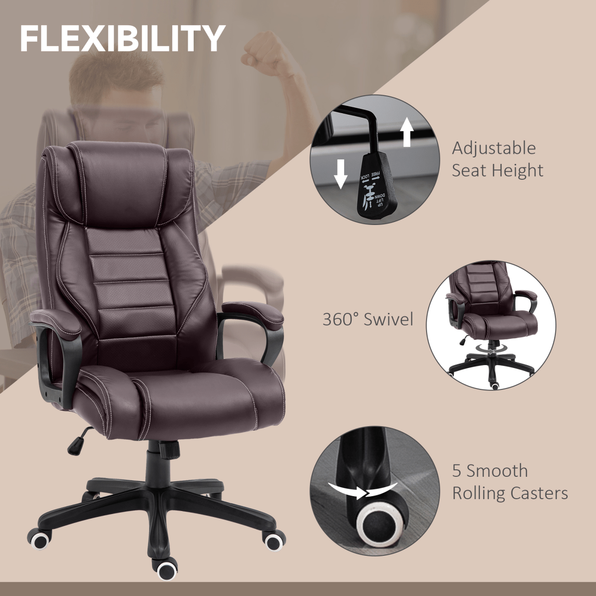 High Back 6 Points Vibration Massage Executive Office Chair, Brown Vinsetto High Back 6 Points Vibration Massage Executive Office Chair, Brown Vinsetto - Image 6