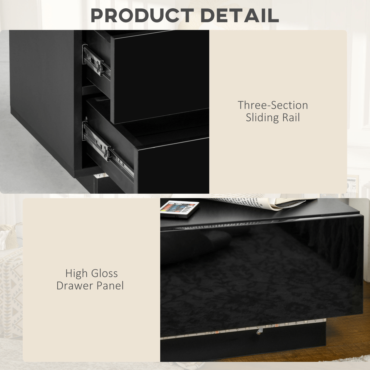 HOMCOM High Gloss Front Bedside Table Nightstand with LED Light Remote Black HOMCOM High Gloss Front Bedside Table Nightstand with LED Light Remote Black - Image 6