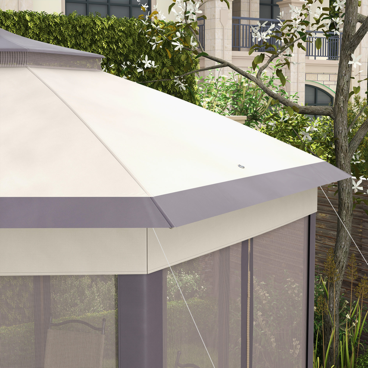 4.05m x 4.05m Metal Frame Mesh Draped 2-Tier Roof Gazebo Brown 4.05m x 4.05m Metal Frame Mesh Draped 2-Tier Roof Gazebo Brown - Image 7