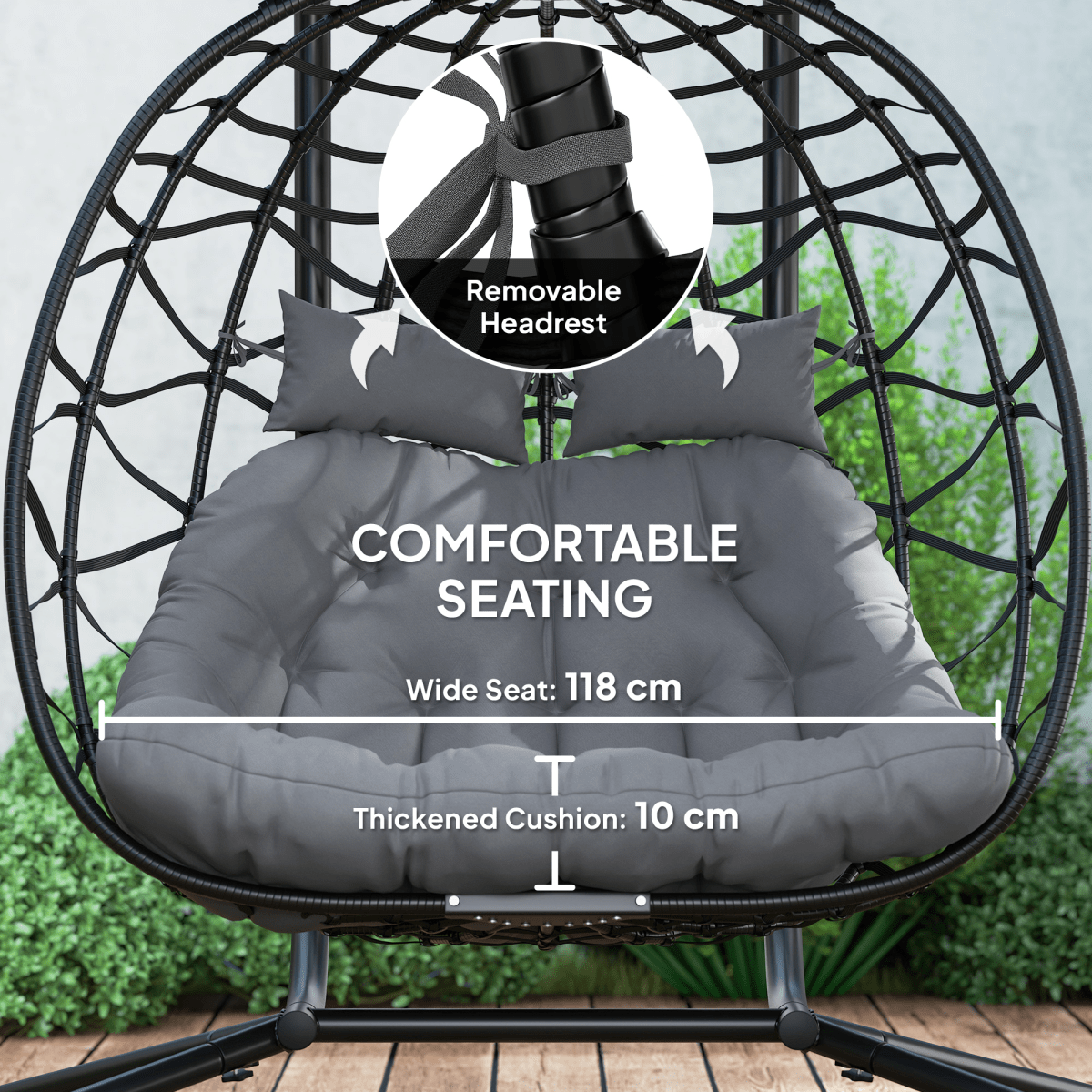 Double Rattan Hanging Egg Chair with Canopy and Cushion, Black Double Rattan Hanging Egg Chair with Canopy and Cushion, Black - Image 8