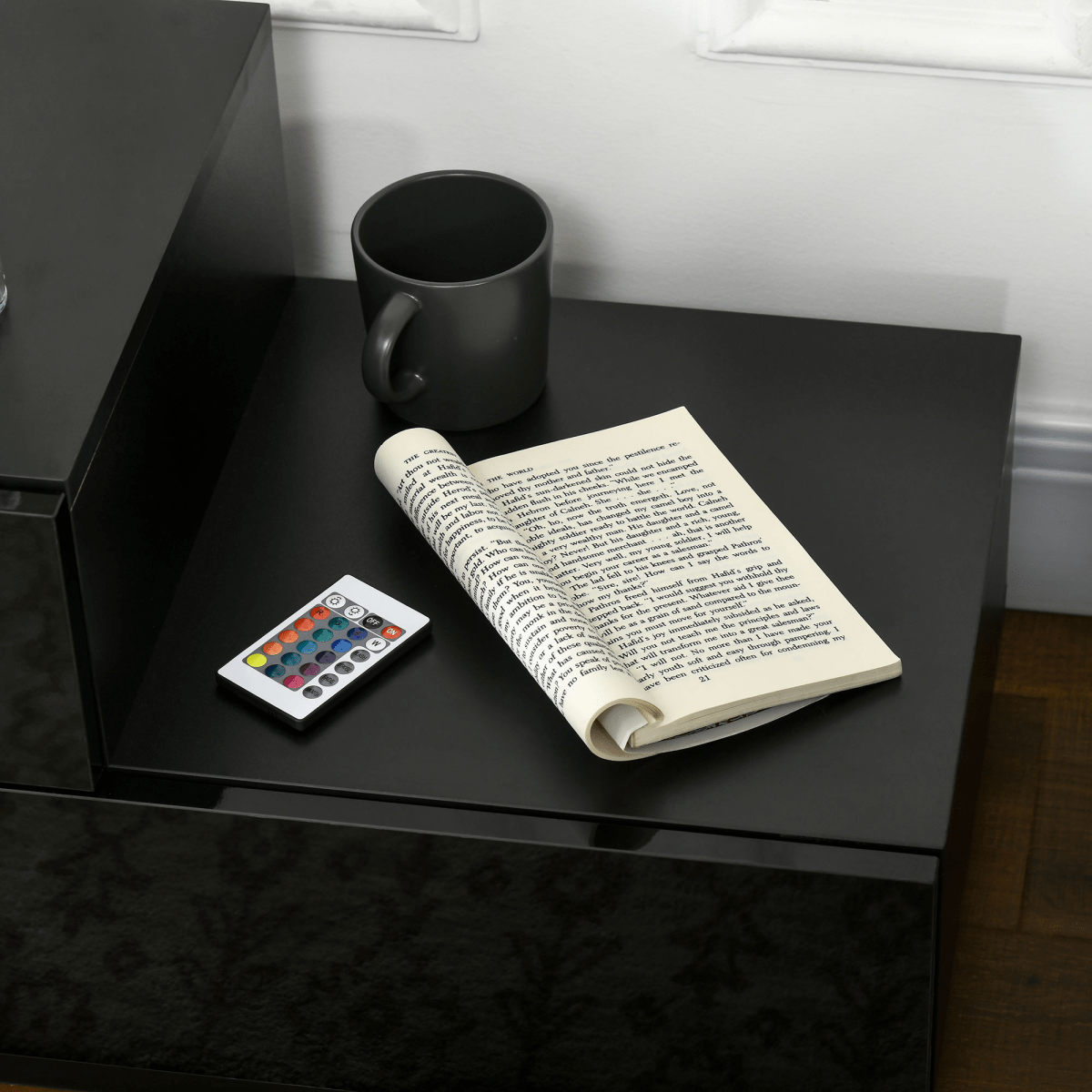 HOMCOM High Gloss Front Bedside Table Nightstand with LED Light Remote Black HOMCOM High Gloss Front Bedside Table Nightstand with LED Light Remote Black - Image 7