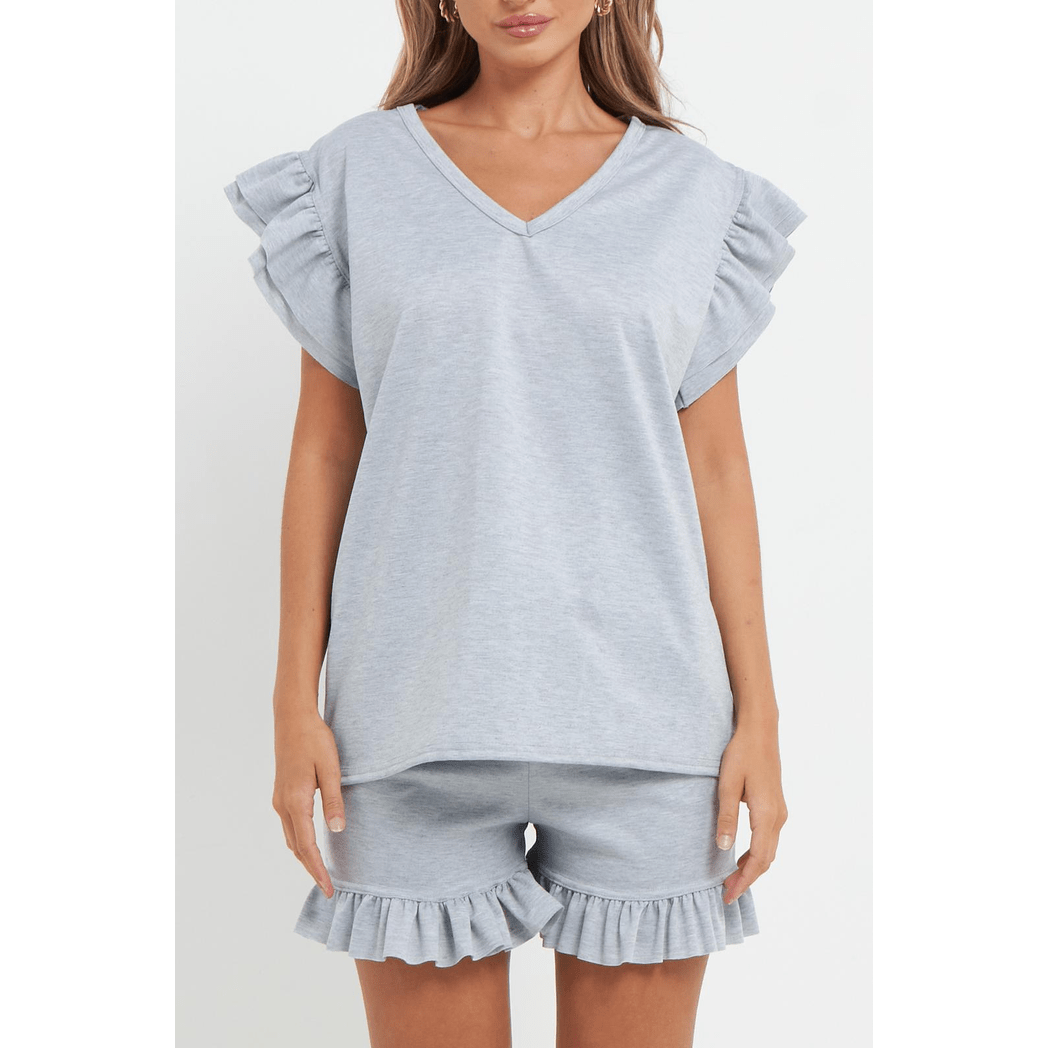 Ladies V Neck Frill Peplum Sleeve Top & Shorts 2 Piece Set Ladies V Neck Frill Peplum Sleeve Top & Shorts 2 Piece Set - Image 2