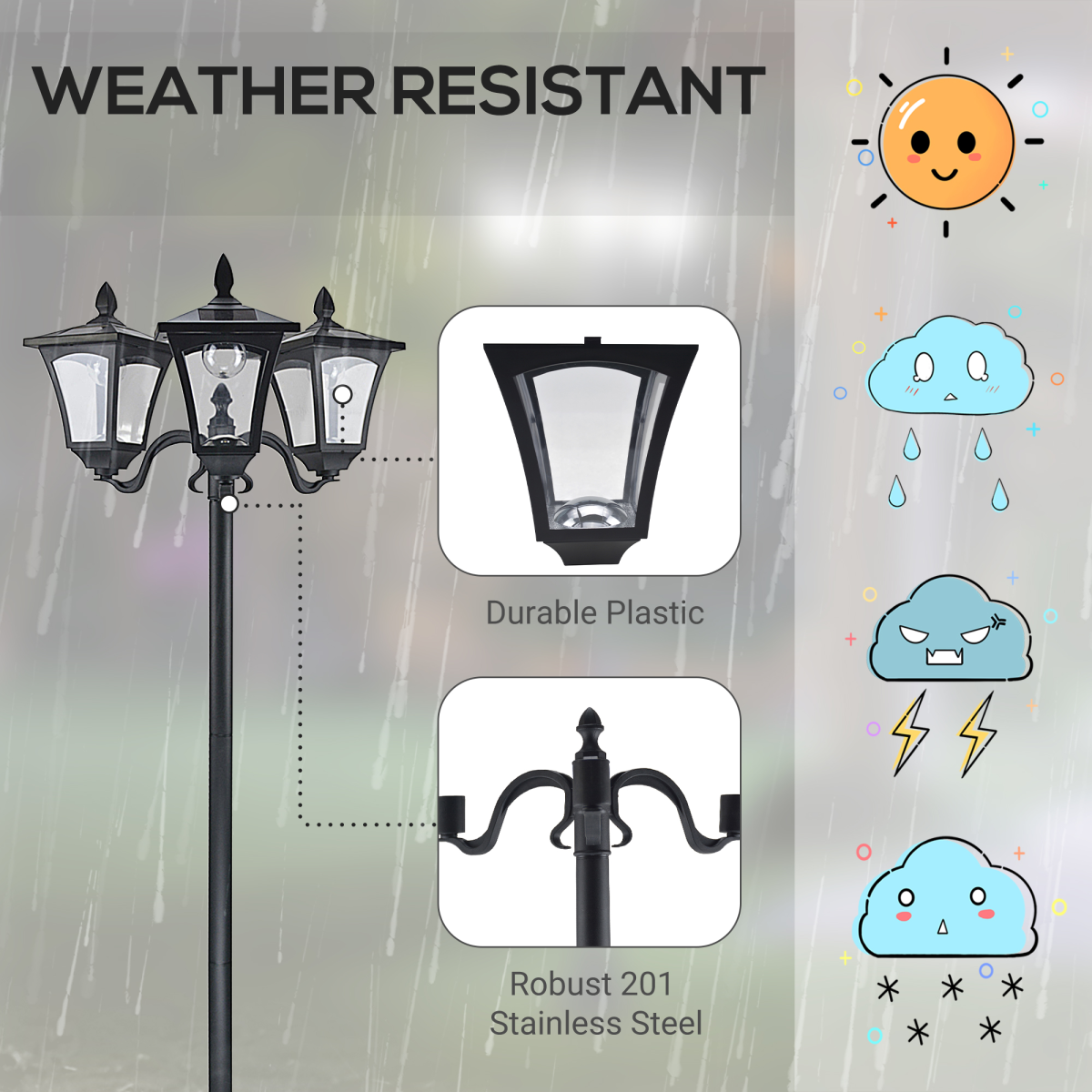 3-Solar Powered Lamp Post, IP44, 51.5Lx47Wx182.5H cm-Black 3-Solar Powered Lamp Post, IP44, 51.5Lx47Wx182.5H cm-Black - Image 8