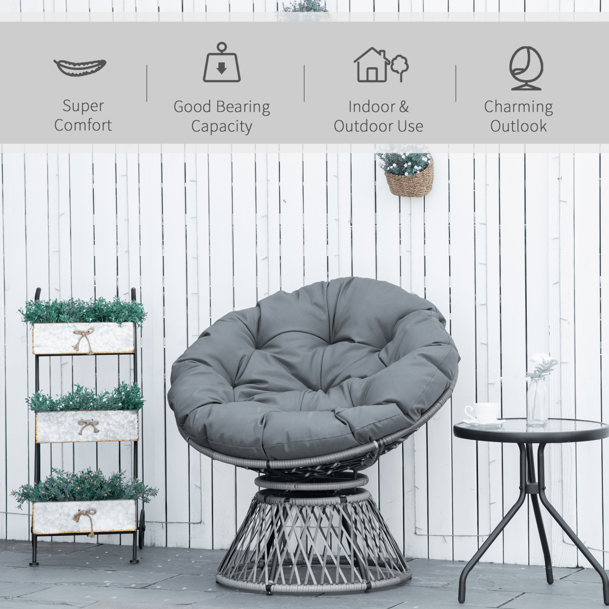 360??Swivel Rattan Papasan Moon Bowl Chair Round Outdoor Padded-Grey Outsunny 360??Swivel Rattan Papasan Moon Bowl Chair Round Outdoor Padded-Grey Outsunny - Image 8