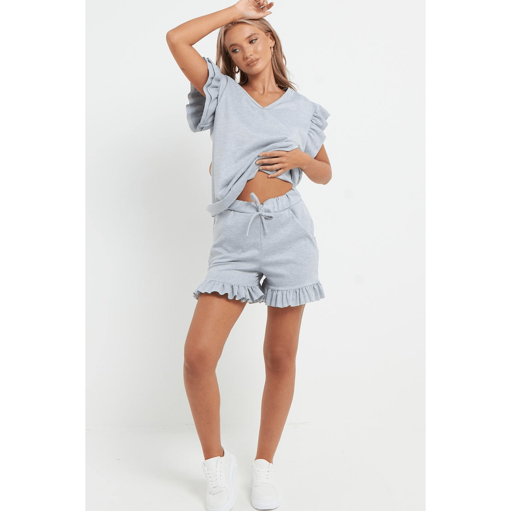 Ladies V Neck Frill Peplum Sleeve Top & Shorts 2 Piece Set Ladies V Neck Frill Peplum Sleeve Top & Shorts 2 Piece Set - Image 4