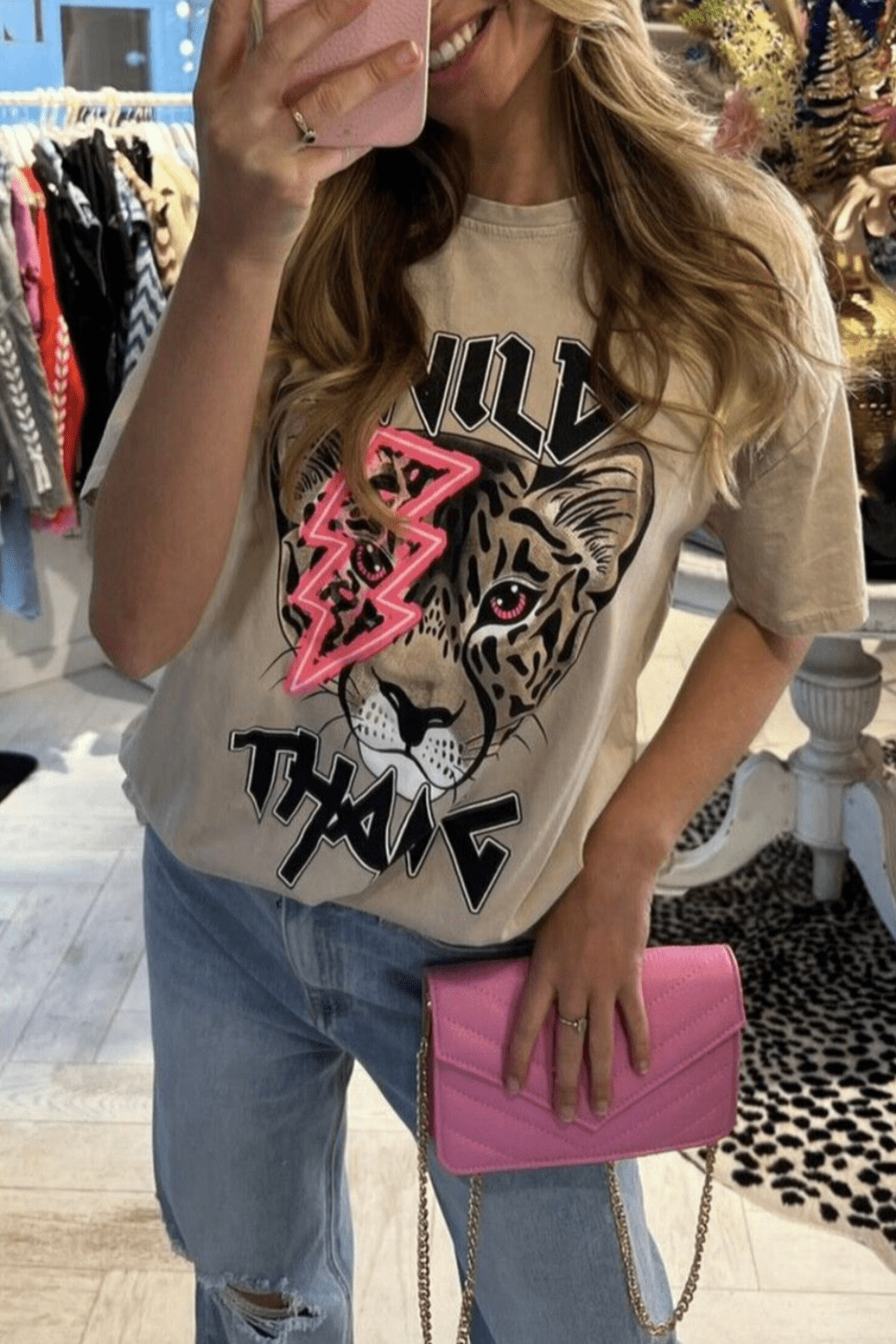 Ladies Oversized Tiger Lightning Wild Thang Short Sleeve T-Shirt Ladies Oversized Tiger Lightning Wild Thang Short Sleeve T-Shirt