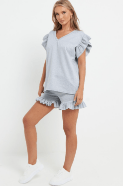 Ladies V Neck Frill Peplum Sleeve Top & Shorts 2 Piece Set