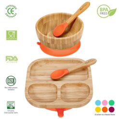 Bamboo Bowl, Square Plate and Spoon Set