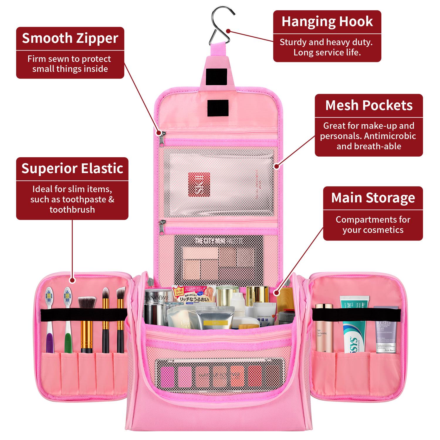 Hanging Toiletry Travel Bag - Pink Hanging Toiletry Travel Bag - Pink - Image 3