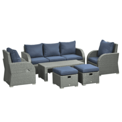 6 Piece Padded Outdoor Rattan Sofa Set with Recliner, Footstools and Table