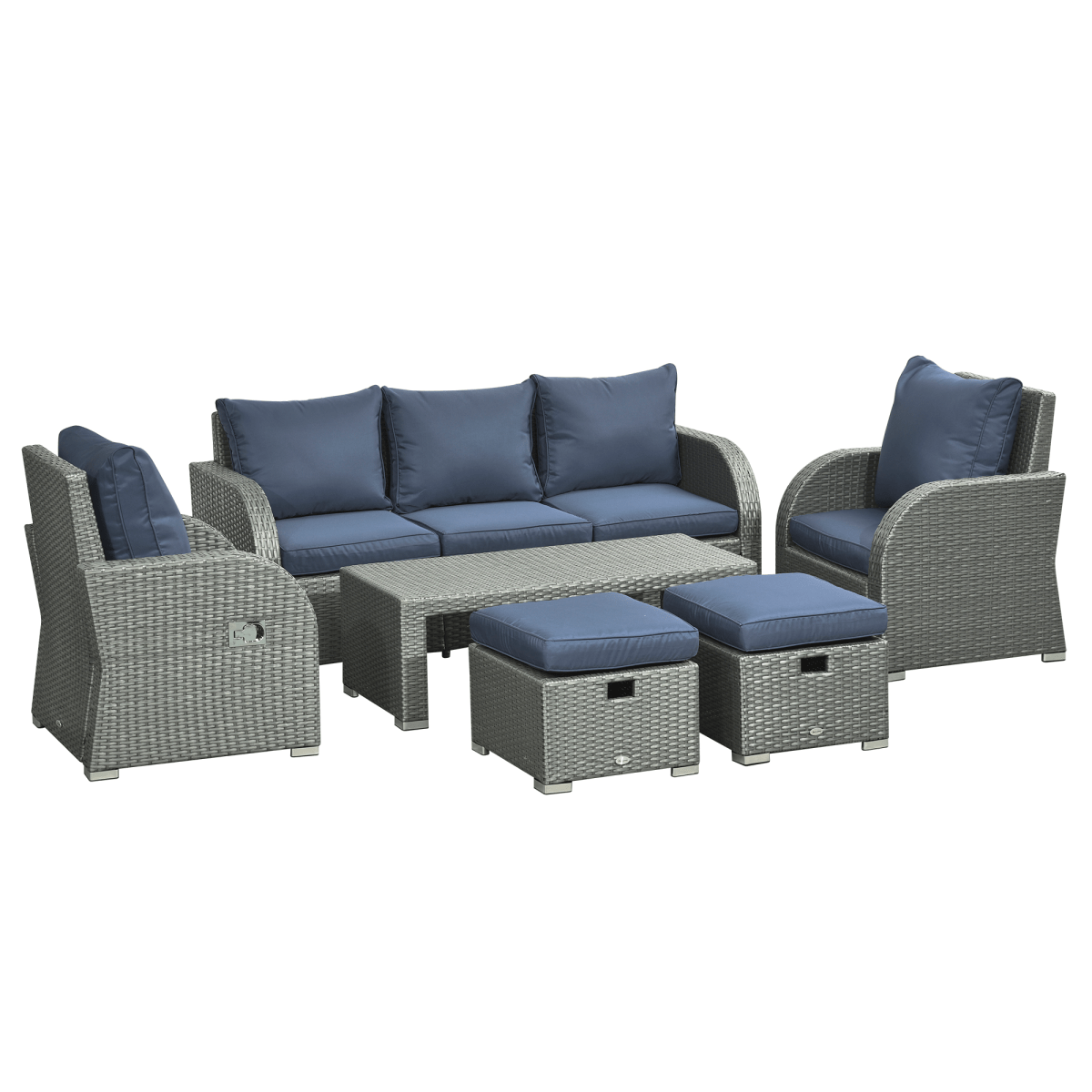 6 Piece Padded Outdoor Rattan Sofa Set with Recliner, Footstools and Table 6 Piece Padded Outdoor Rattan Sofa Set with Recliner, Footstools and Table