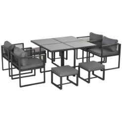 8 Seater Dining Cube Set Dining Table, 4 Chairs & 4 Footstools & Cushion, Grey