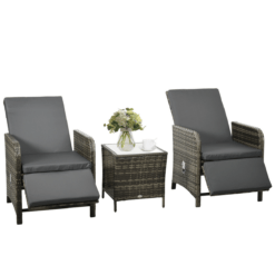 3 Piece Rattan Bistro Set with Adjustable Backrest, Mixed Grey
