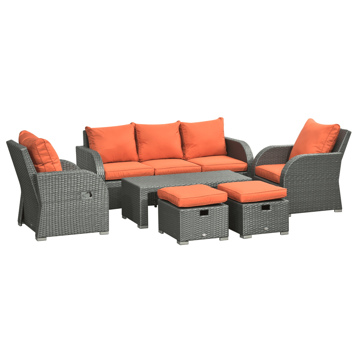 6 Piece Padded Outdoor Rattan Sofa Set with Recliner, Footstools and Table 6 Piece Padded Outdoor Rattan Sofa Set with Recliner, Footstools and Table