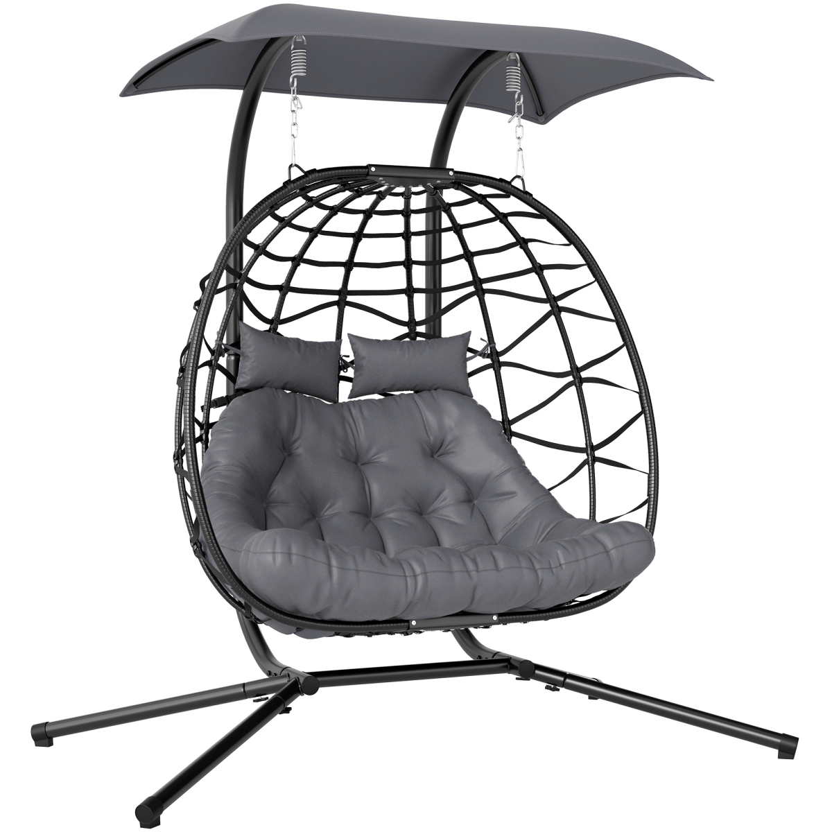 Double Rattan Hanging Egg Chair with Canopy and Cushion, Black Double Rattan Hanging Egg Chair with Canopy and Cushion, Black