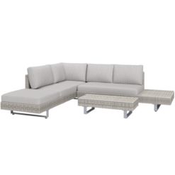 3 Piece Rattan Sofa Set with Tea Table, Side Table and Cushions, Grey