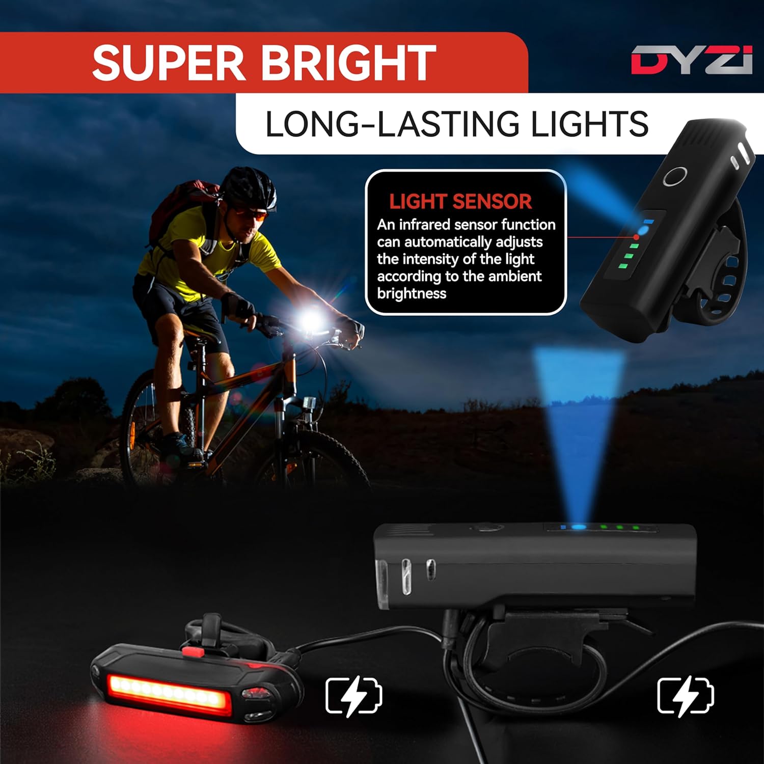 Dyzi Bike Lights - USB Rechargeable Ultra Bright Front & Back Bike Light Sets - 4 Light Modes With Daylight Sensor - Easy to Fit and Mount LED Bicycle Lights Dyzi Bike Lights - USB Rechargeable Ultra Bright Front & Back Bike Light Sets - 4 Light Modes With Daylight Sensor - Easy to Fit and Mount LED Bicycle Lights - Image 7