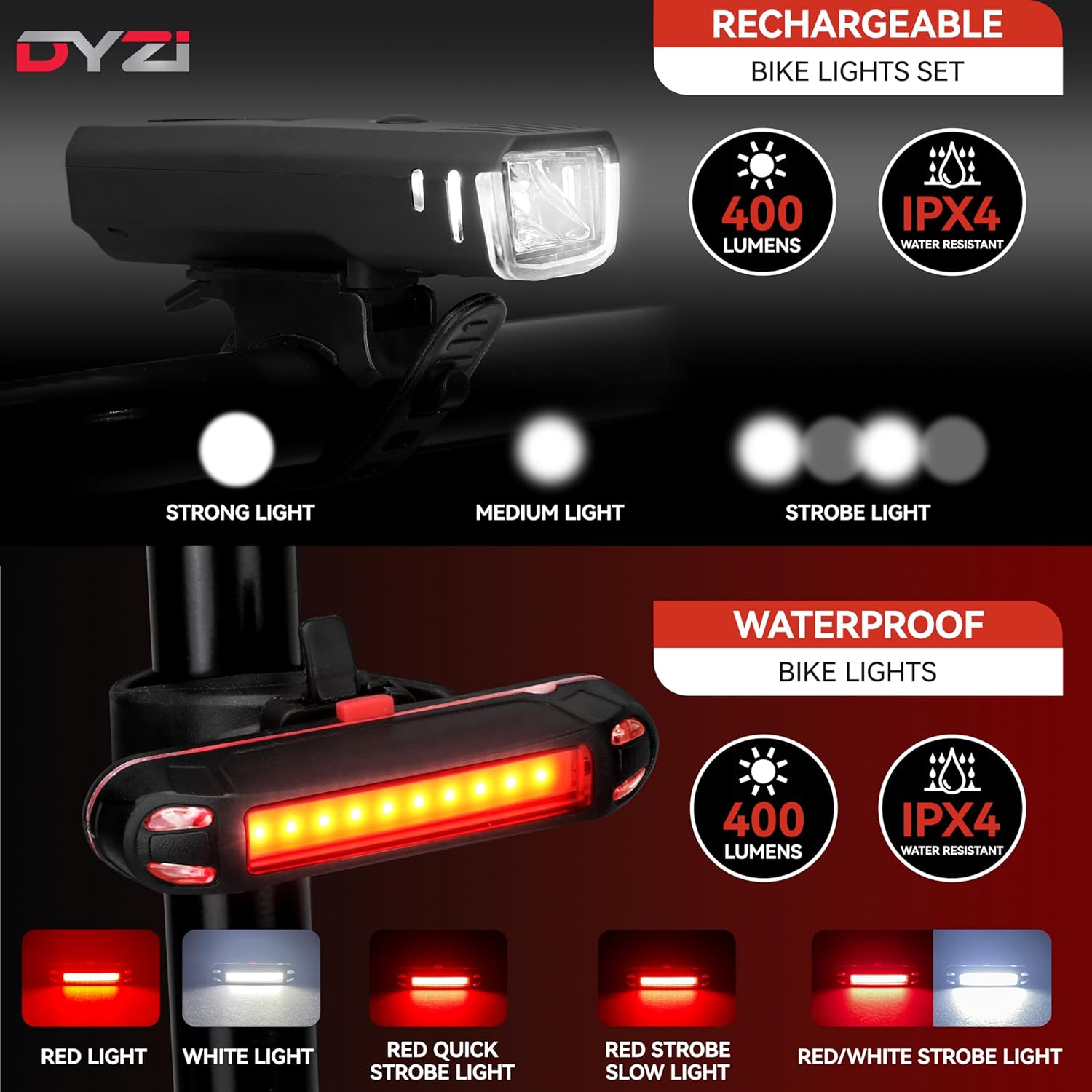 Dyzi Bike Lights - USB Rechargeable Ultra Bright Front & Back Bike Light Sets - 4 Light Modes With Daylight Sensor - Easy to Fit and Mount LED Bicycle Lights Dyzi Bike Lights - USB Rechargeable Ultra Bright Front & Back Bike Light Sets - 4 Light Modes With Daylight Sensor - Easy to Fit and Mount LED Bicycle Lights - Image 4