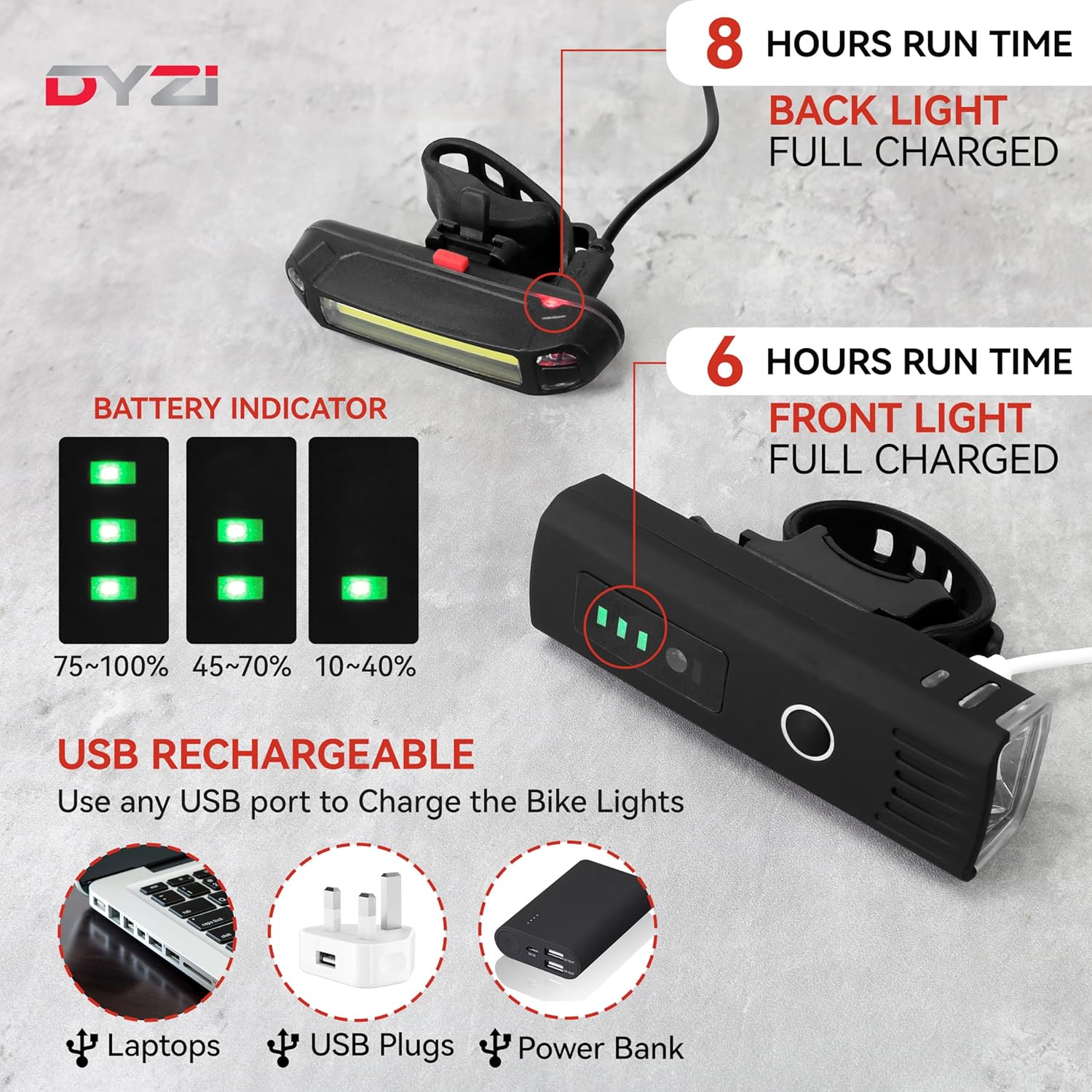 Dyzi Bike Lights - USB Rechargeable Ultra Bright Front & Back Bike Light Sets - 4 Light Modes With Daylight Sensor - Easy to Fit and Mount LED Bicycle Lights Dyzi Bike Lights - USB Rechargeable Ultra Bright Front & Back Bike Light Sets - 4 Light Modes With Daylight Sensor - Easy to Fit and Mount LED Bicycle Lights - Image 3