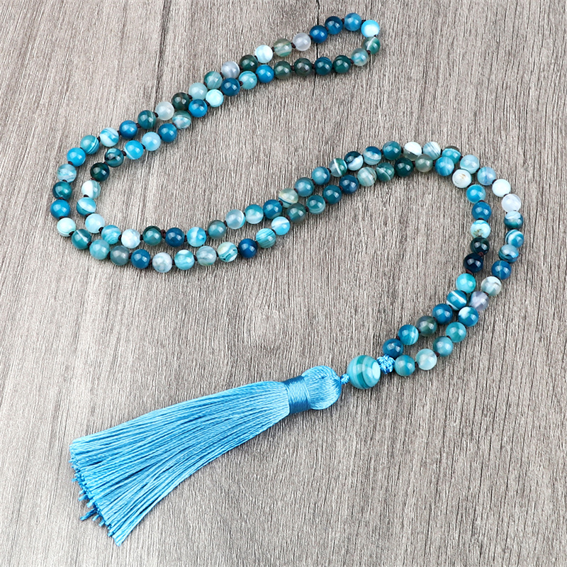Natural 6mm Striped Agates Stone Necklace Prayer Buddha 108 Mala Beads Blue Tassel Bohemian Necklaces for Men Women Yoga Jewelry Natural 6mm Striped Agates Stone Necklace Prayer Buddha 108 Mala Beads Blue Tassel Bohemian Necklaces for Men Women Yoga Jewelry - Image 2