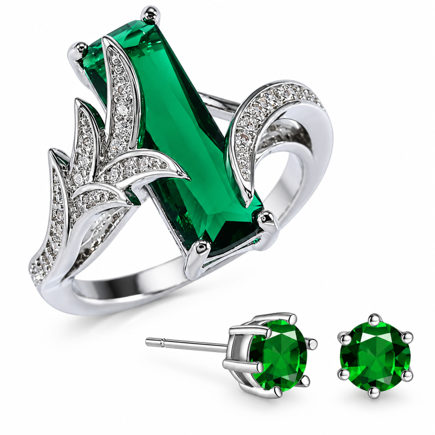 Emerald Elegance Ring and Earring Set-Silver Green Emerald Elegance Ring and Earring Set-Silver Green