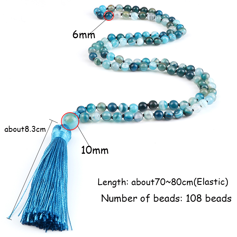 Natural 6mm Striped Agates Stone Necklace Prayer Buddha 108 Mala Beads Blue Tassel Bohemian Necklaces for Men Women Yoga Jewelry Natural 6mm Striped Agates Stone Necklace Prayer Buddha 108 Mala Beads Blue Tassel Bohemian Necklaces for Men Women Yoga Jewelry - Image 3