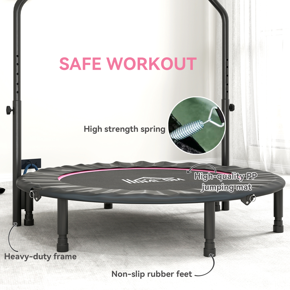 48 Inch Foldable Fitness Trampoline with Adjustable Handle – Pink 48 Inch Foldable Fitness Trampoline with Adjustable Handle – Pink - Image 3