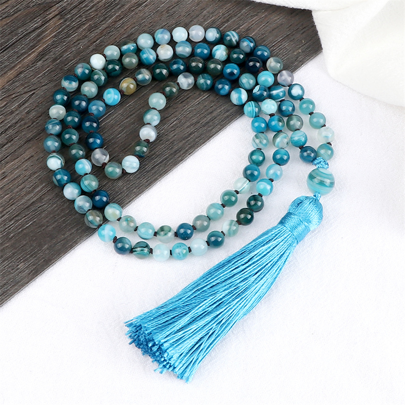 Natural 6mm Striped Agates Stone Necklace Prayer Buddha 108 Mala Beads Blue Tassel Bohemian Necklaces for Men Women Yoga Jewelry Natural 6mm Striped Agates Stone Necklace Prayer Buddha 108 Mala Beads Blue Tassel Bohemian Necklaces for Men Women Yoga Jewelry - Image 4