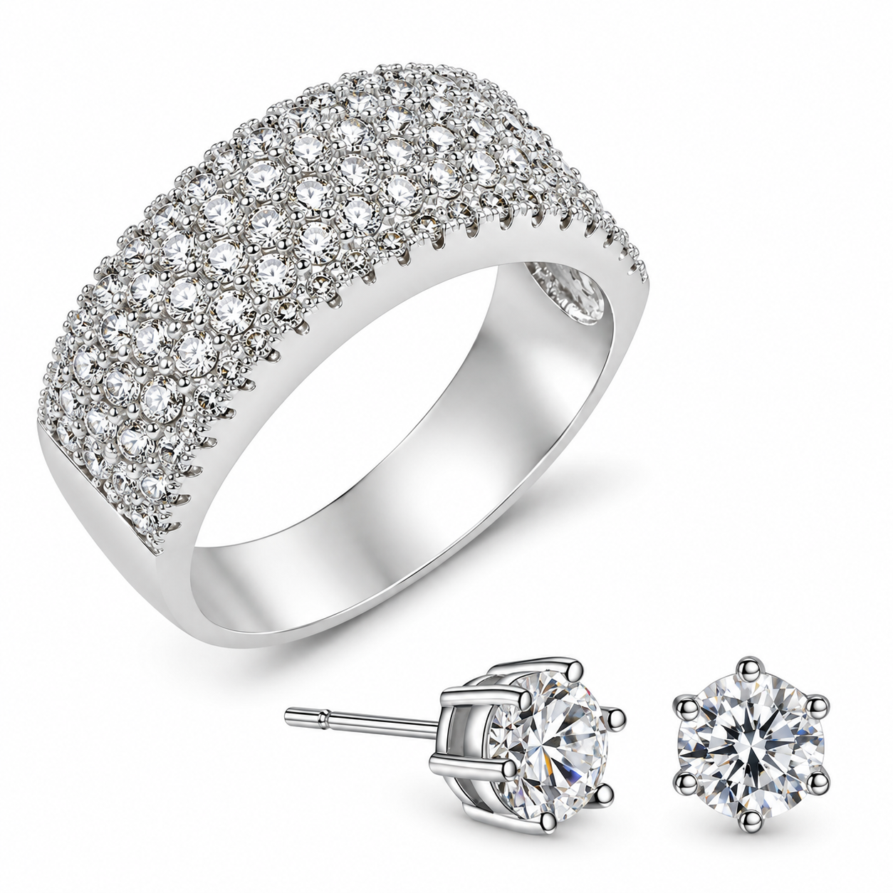 S925 Silver Plated Cubic Zirconia Ring and Stud Earrings Set S925 Silver Plated Cubic Zirconia Ring and Stud Earrings Set