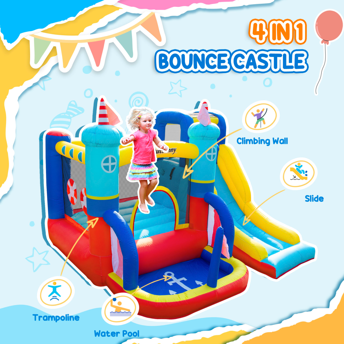 Kids Inflatable Bouncy Castle with Slide, Pool & Climbing Wall Kids Inflatable Bouncy Castle with Slide, Pool & Climbing Wall - Image 4