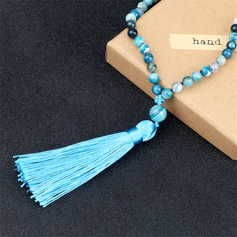 Natural 6mm Striped Agates Stone Necklace Prayer Buddha 108 Mala Beads Blue Tassel Bohemian Necklaces for Men Women Yoga Jewelry Natural 6mm Striped Agates Stone Necklace Prayer Buddha 108 Mala Beads Blue Tassel Bohemian Necklaces for Men Women Yoga Jewelry - Image 5