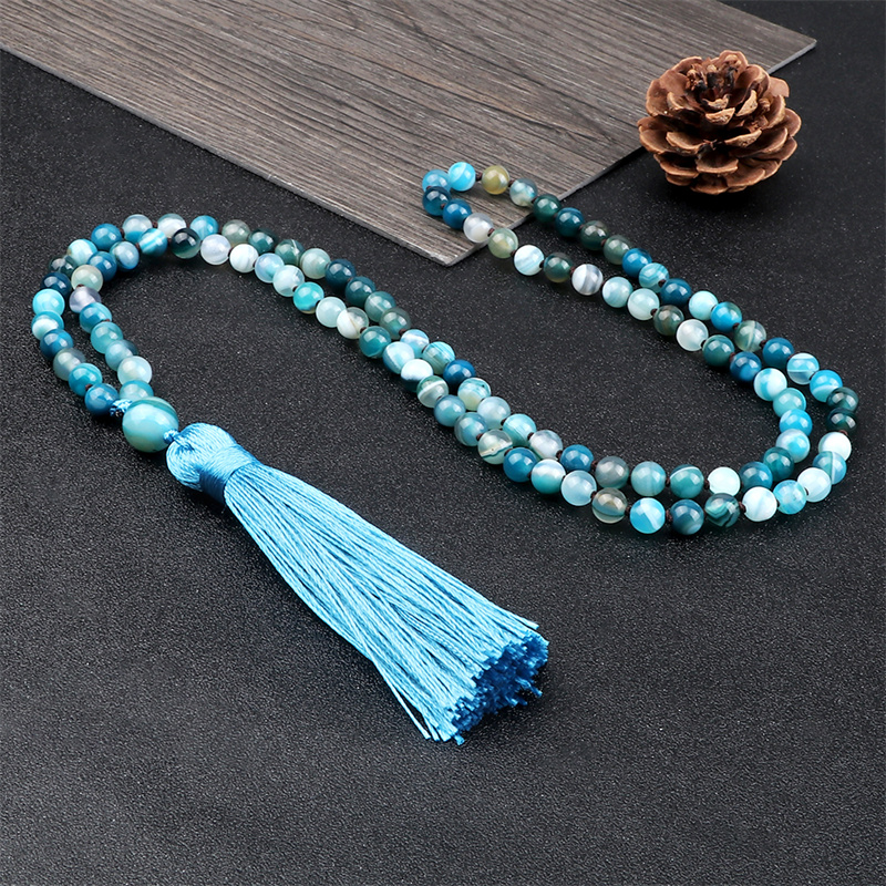 Natural 6mm Striped Agates Stone Necklace Prayer Buddha 108 Mala Beads Blue Tassel Bohemian Necklaces for Men Women Yoga Jewelry Natural 6mm Striped Agates Stone Necklace Prayer Buddha 108 Mala Beads Blue Tassel Bohemian Necklaces for Men Women Yoga Jewelry - Image 6