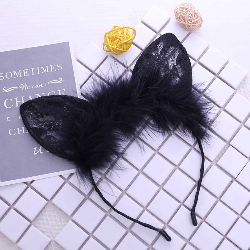 Cute Lace Cat Ears Fluffy Headband Black Cute Lace Cat Ears Fluffy Headband Black - Image 3