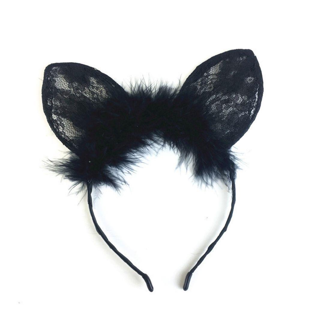 Cute Lace Cat Ears Fluffy Headband Black Cute Lace Cat Ears Fluffy Headband Black