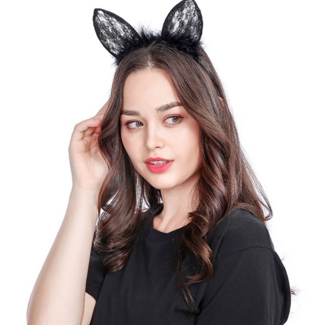 Cute Lace Cat Ears Fluffy Headband Black Cute Lace Cat Ears Fluffy Headband Black - Image 2