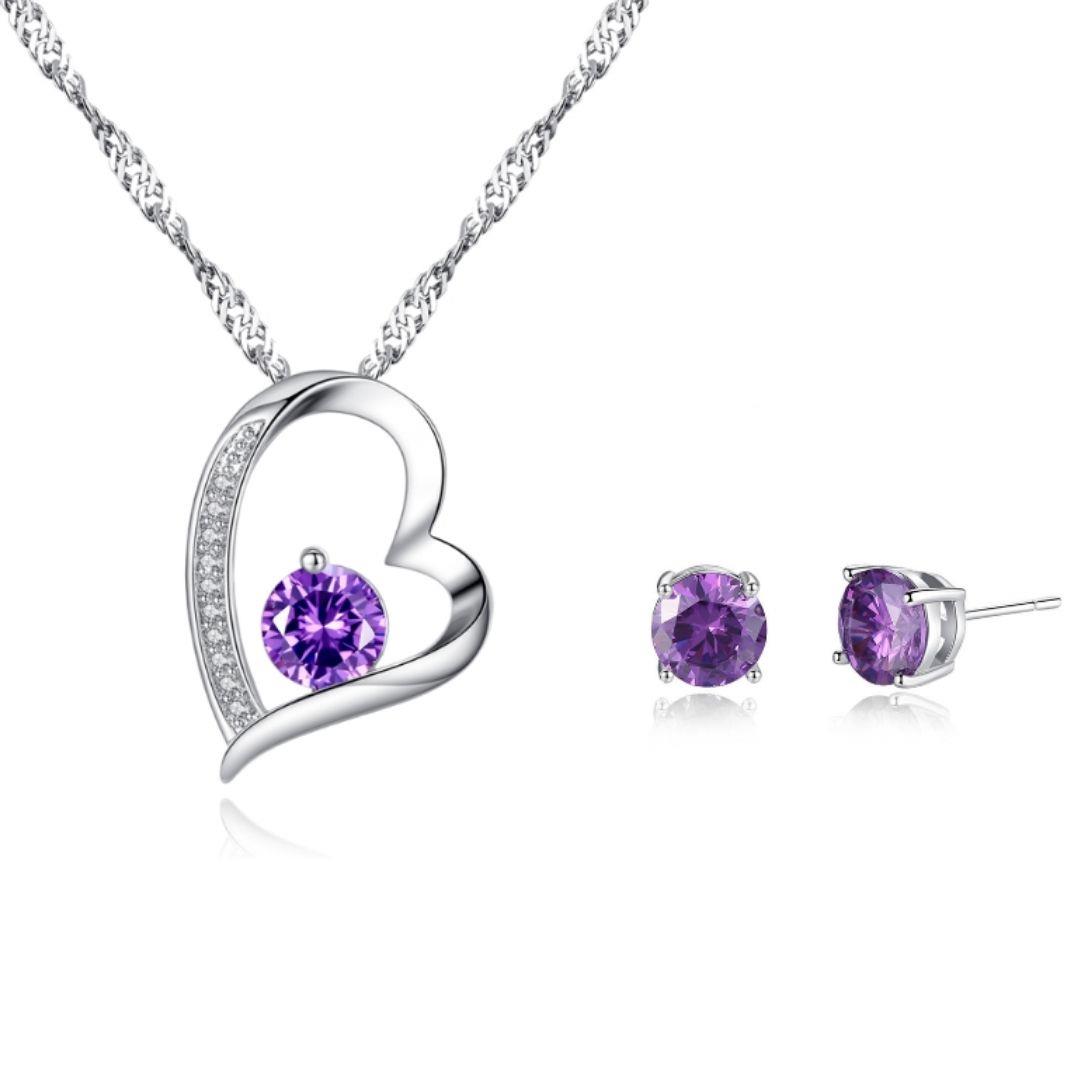 Sparkling Purple Heart Zircon Crystals Pendant Necklace & Earrings Set Sparkling Purple Heart Zircon Crystals Pendant Necklace & Earrings Set