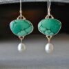 Retro Green Gemstone With Pearl Drop Earrings