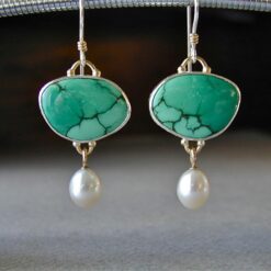 Retro Green Gemstone With Pearl Drop Earrings