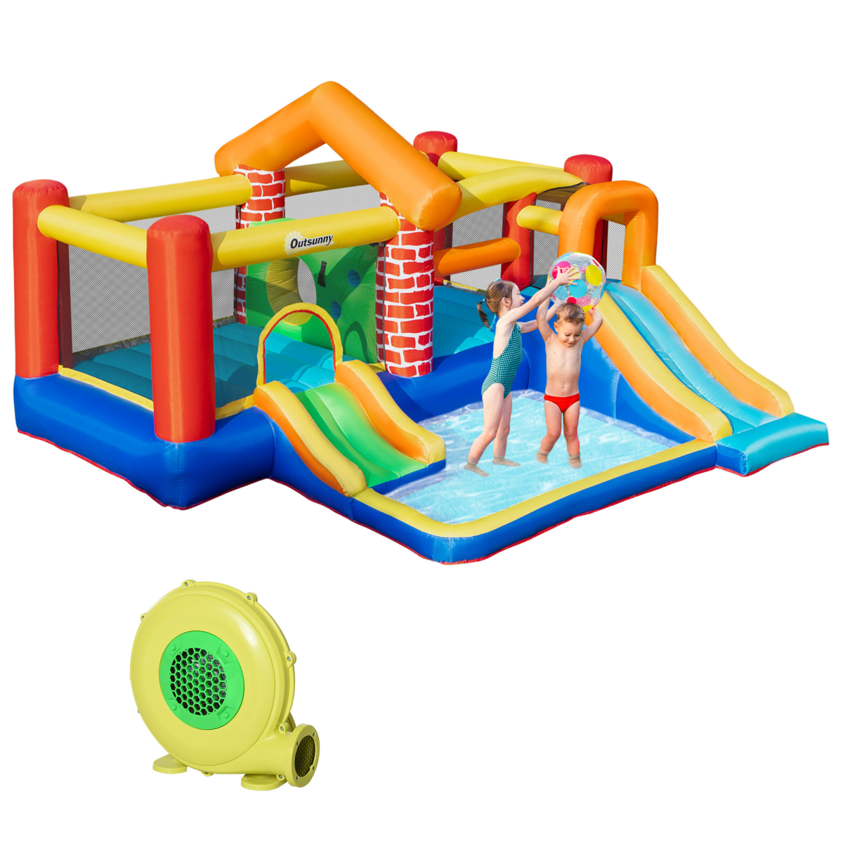 Kids Inflatable Bouncy Castle with Double Slides, Pool & Blower Kids Inflatable Bouncy Castle with Double Slides, Pool & Blower