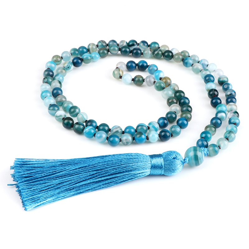Natural 6mm Striped Agates Stone Necklace Prayer Buddha 108 Mala Beads Blue Tassel Bohemian Necklaces for Men Women Yoga Jewelry Natural 6mm Striped Agates Stone Necklace Prayer Buddha 108 Mala Beads Blue Tassel Bohemian Necklaces for Men Women Yoga Jewelry