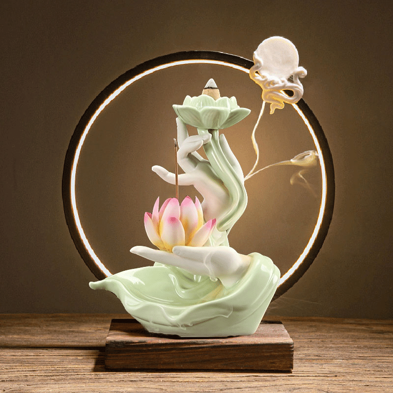 Backflow Incense Burner – Buddha Hand Lotus LED Decor Backflow Incense Burner – Buddha Hand Lotus LED Decor